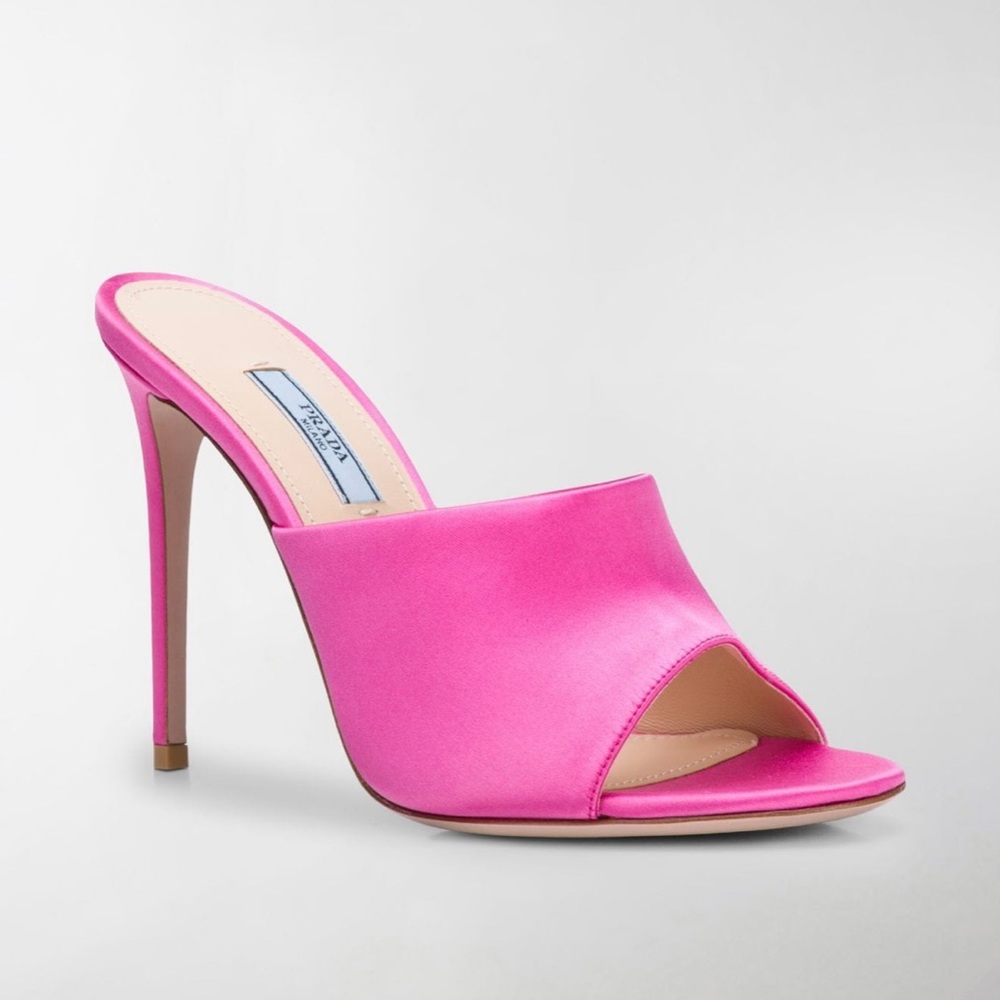 Prada high heeled pink satin mules
